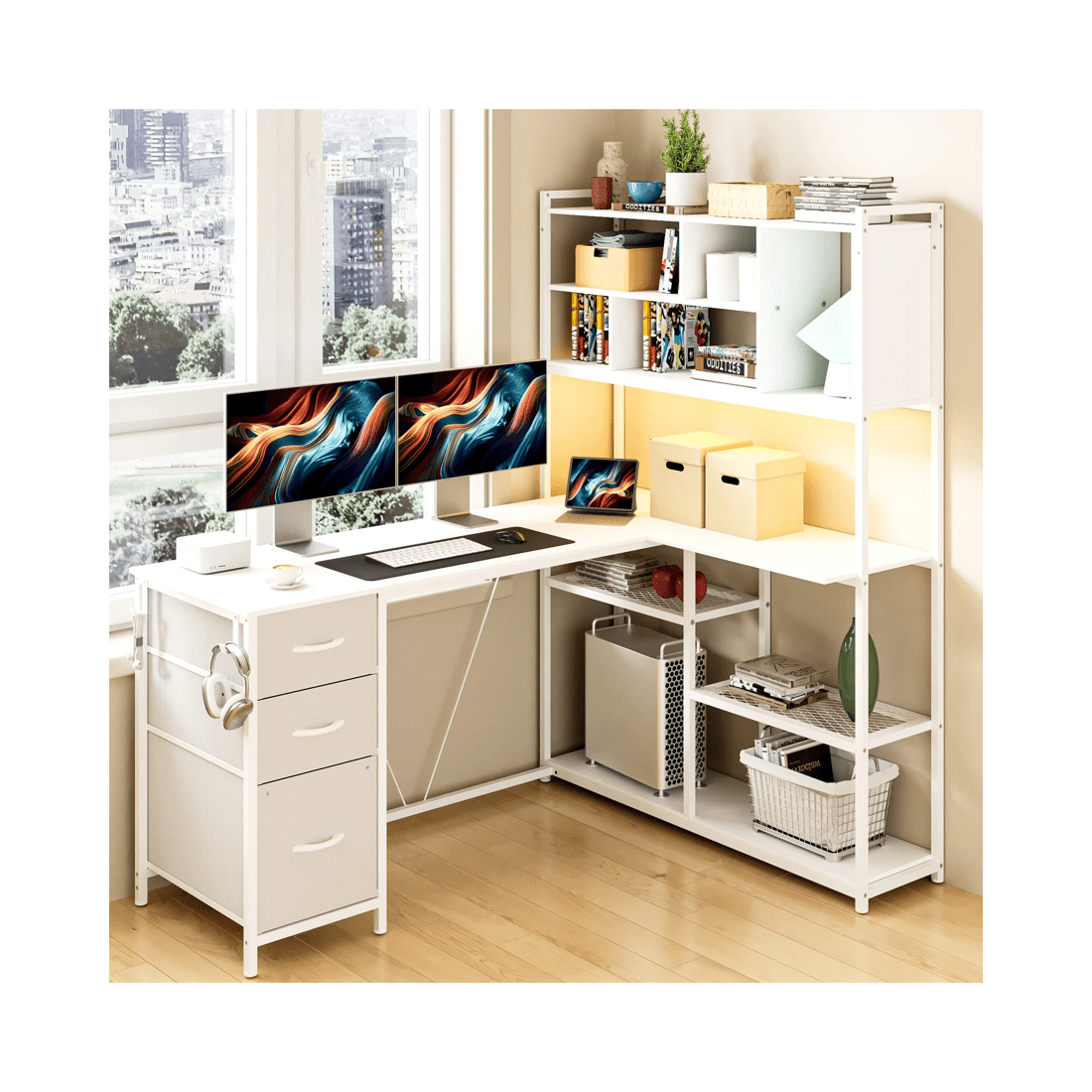 8 Advwin L Shaped Gaming Desk With Led Lights Reversible 148cm Computer Desk With 3 Drawers And Bookshelf White, 8 of 9