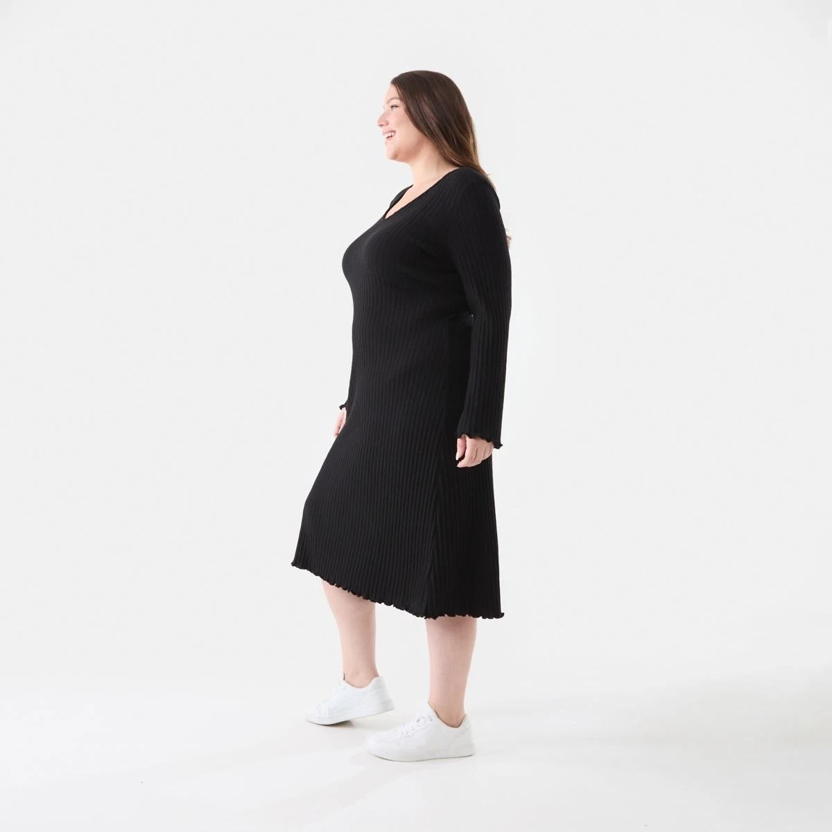2 Curve Long Sleeve Ribbed Midi Dress Black, 2 of 6